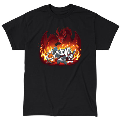 Classic Cotton T-shirt_TeeTurtle Dragon Fight black t-shirt featuring a panda warrior, an archer fox, and a winged cat standing ready for battle in front of a fire-breathing red dragon, with flames in the background.