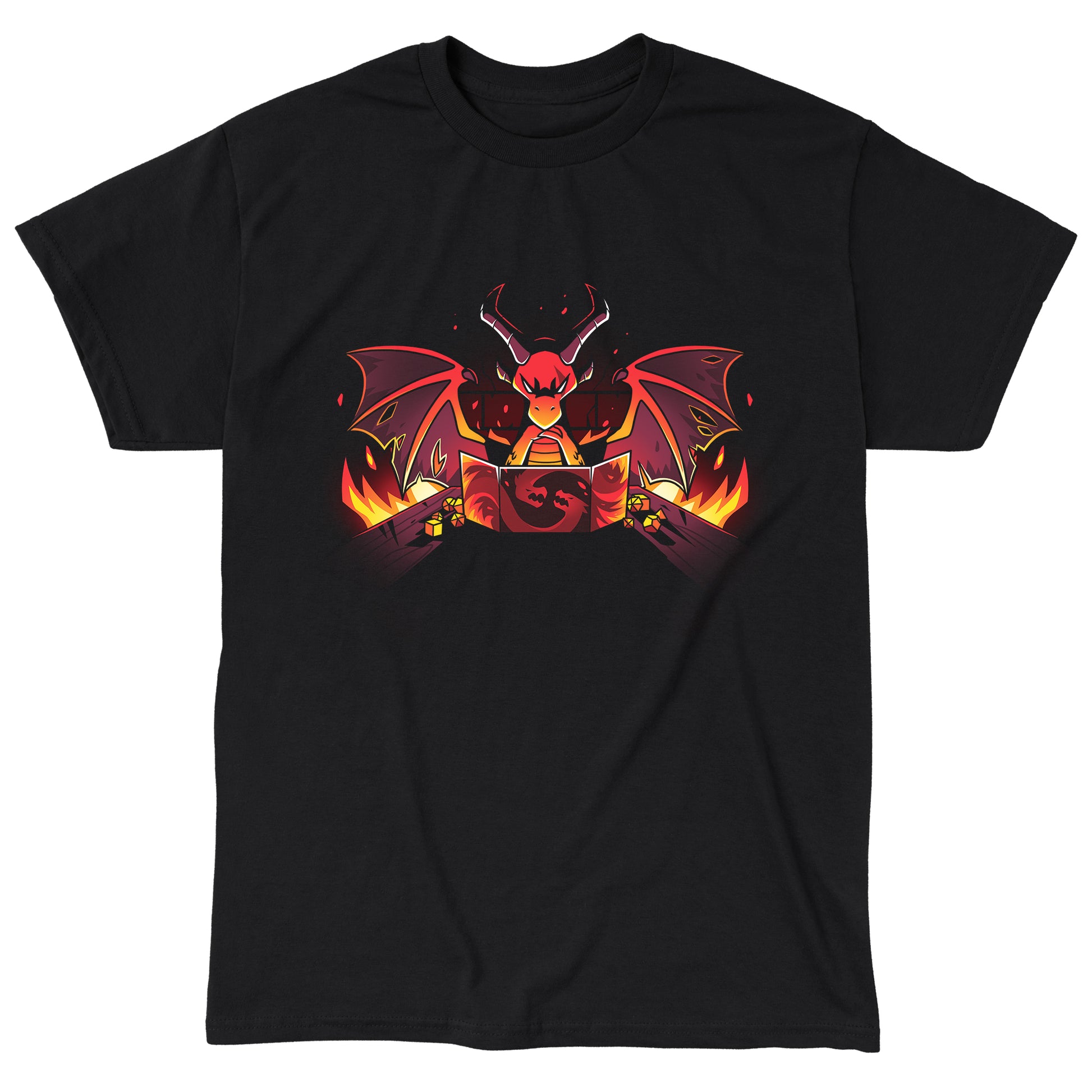 Classic Cotton T-shirt_TeeTurtle black Dragon Master. Featuring a sinister-looking dragon dungeon master with flames in the background.