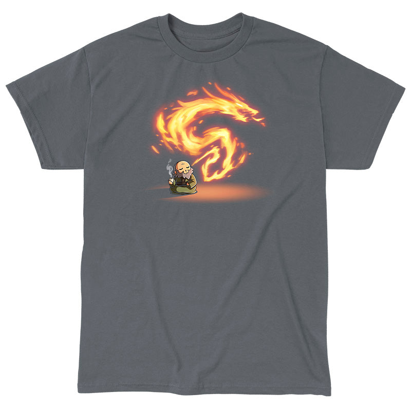Classic Cotton T-shirt_TeeTurtle charcoal gray The Dragon of the West Classic Cotton T-shirt featuring Iron from Avatar: The Last Airbender who is sitting peacefully on the floor drinking tea and exhaling fire in the shape of a dragon. 