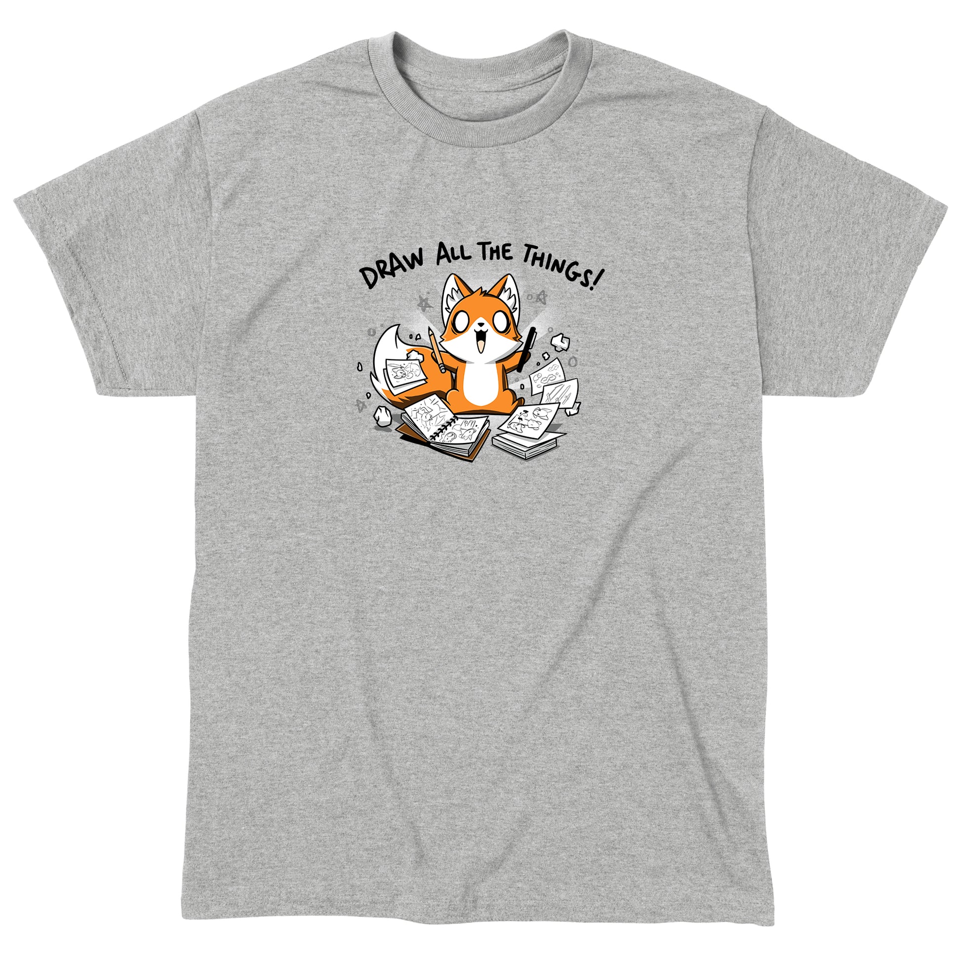 Classic Cotton T-shirt_A cartoon fox enthusiastically holding drawing tools, surrounded by sketchbooks with various drawings. Text above reads "Draw All The Things!" This monsterdigital original Draw all the Things! is crafted from super soft ringspun cotton for ultimate comfort.