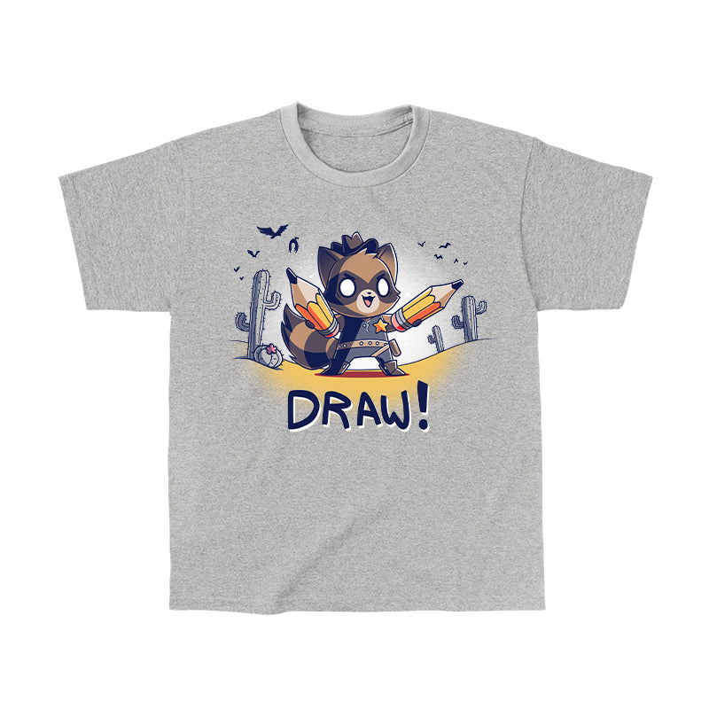 Classic Cotton T-shirt_TeeTurtle Draw! heather gray t-shirt featuring a cowboy-attired raccoon in a sketched desert complete with vultures and cacti holding a pair of pencils with 'Draw!' written underneath.