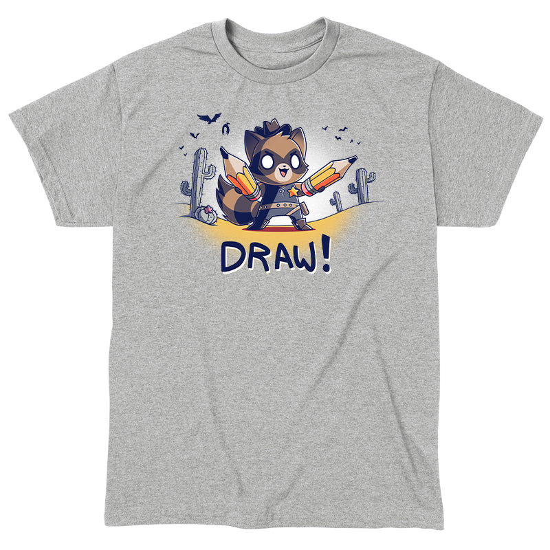 Classic Cotton T-shirt_TeeTurtle Draw! heather gray t-shirt featuring a cowboy-attired raccoon in a sketched desert complete with vultures and cacti holding a pair of pencils with 'Draw!' written underneath.