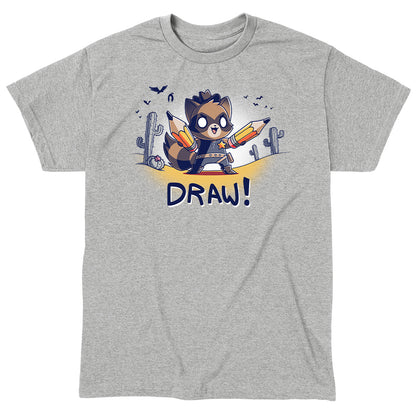 Classic Cotton T-shirt_TeeTurtle Draw! heather gray t-shirt featuring a cowboy-attired raccoon in a sketched desert complete with vultures and cacti holding a pair of pencils with 'Draw!' written underneath.