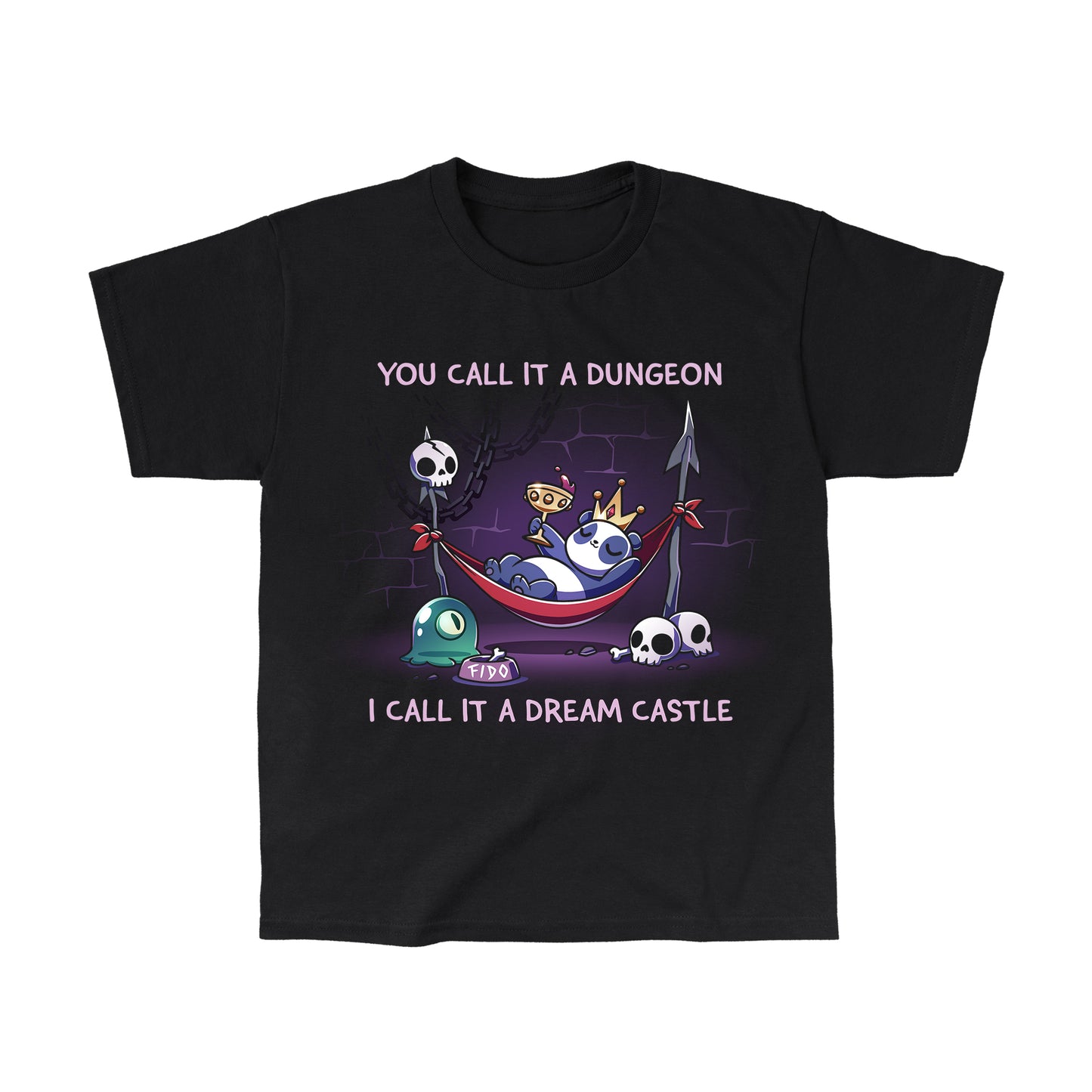 Classic Cotton T-shirt_TeeTurtle black Dream Castle t-shirt featuring a panda relaxing in a hammock propped with spears in a dungeon surrounded by skulls and a slime pet.