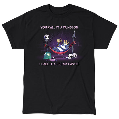 Classic Cotton T-shirt_TeeTurtle black Dream Castle t-shirt featuring a panda relaxing in a hammock propped with spears in a dungeon surrounded by skulls and a slime pet.