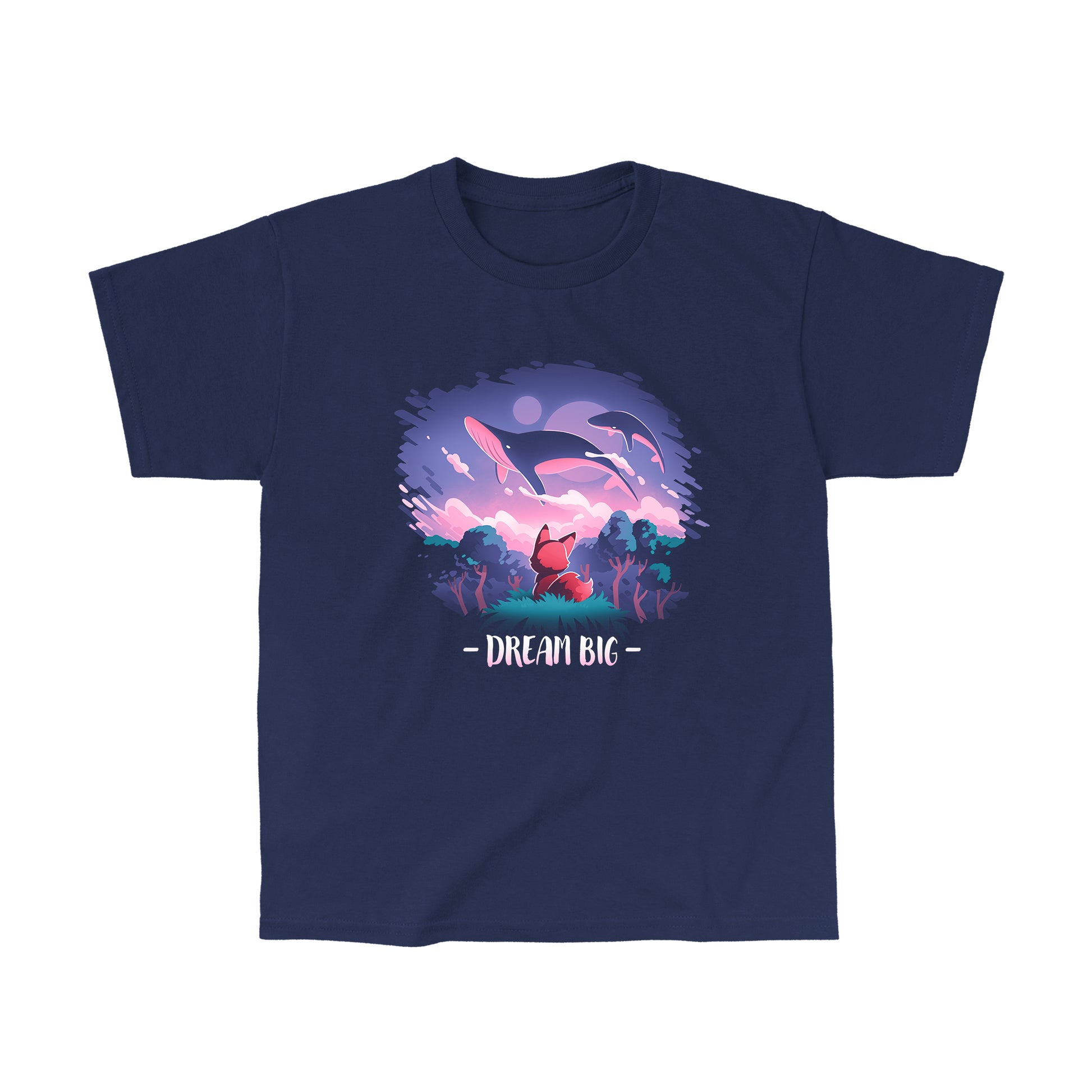 Classic Cotton T-shirt_TeeTurtle Dream Big navy blue t-shirt featuring an orange fox who gazes at magical whales flying in the night sky above a fantasy forest with the text "Dream Big" below.