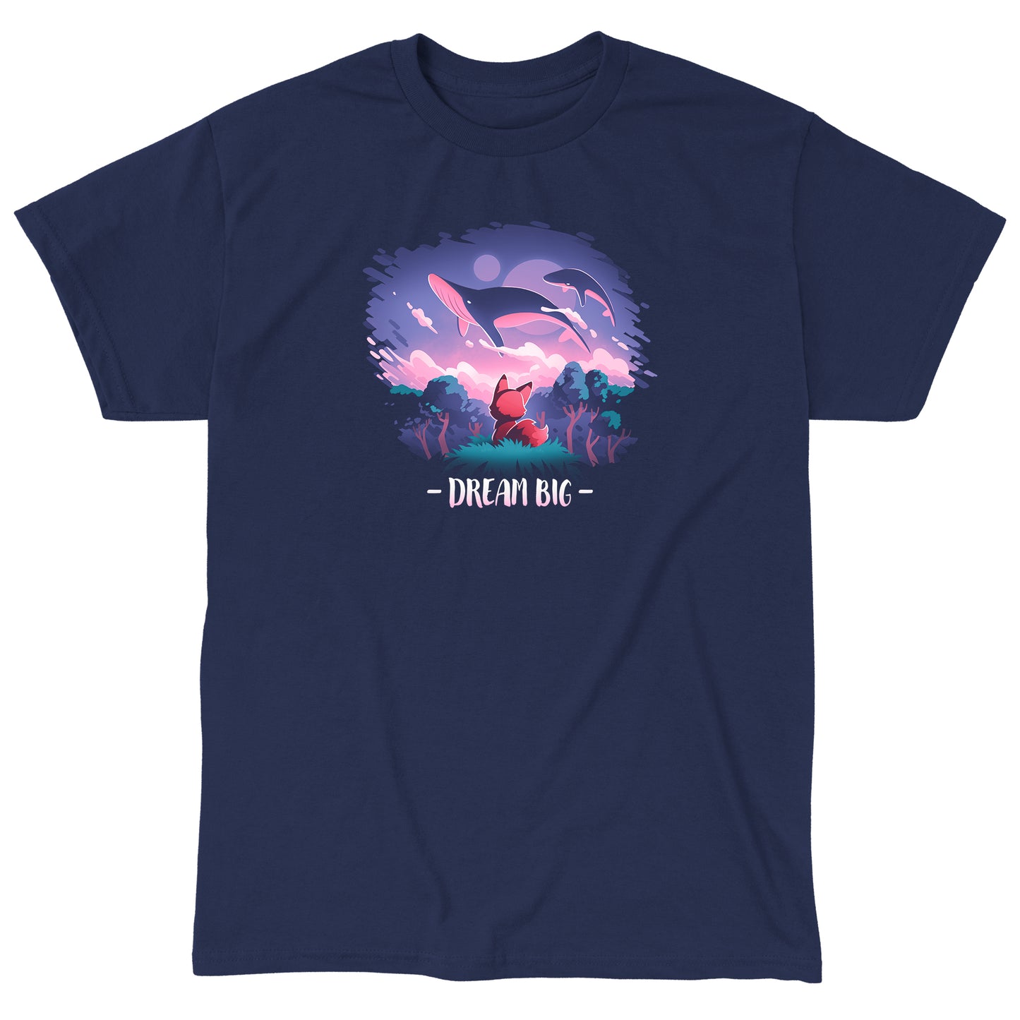 Classic Cotton T-shirt_TeeTurtle Dream Big navy blue t-shirt featuring an orange fox who gazes at magical whales flying in the night sky above a fantasy forest with the text "Dream Big" below.