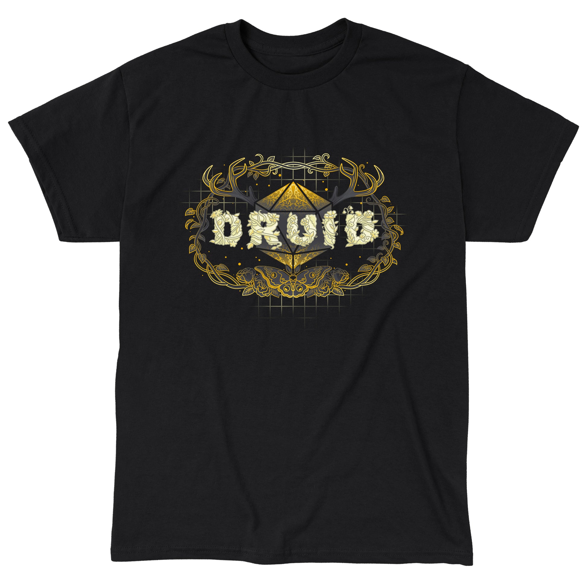 Classic Cotton T-shirt_TeeTurtle Druid Class black t-shirt featuring a stylized "DRUID" text made of floral designs overlaying a geometric shape, framed by antlers and vines with a butterfly at the bottom, all in gold and cream tones for tabletop gaming. 