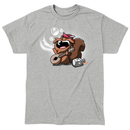 Classic Cotton T-shirt_TeeTurtle Drunken Bard heather gray t-shirt featuring a squirrel wearing a red cap joyfully playing a banjo while singing. Musical notes and bubbles float around, and a moonshine jug is placed next to the squirrel.