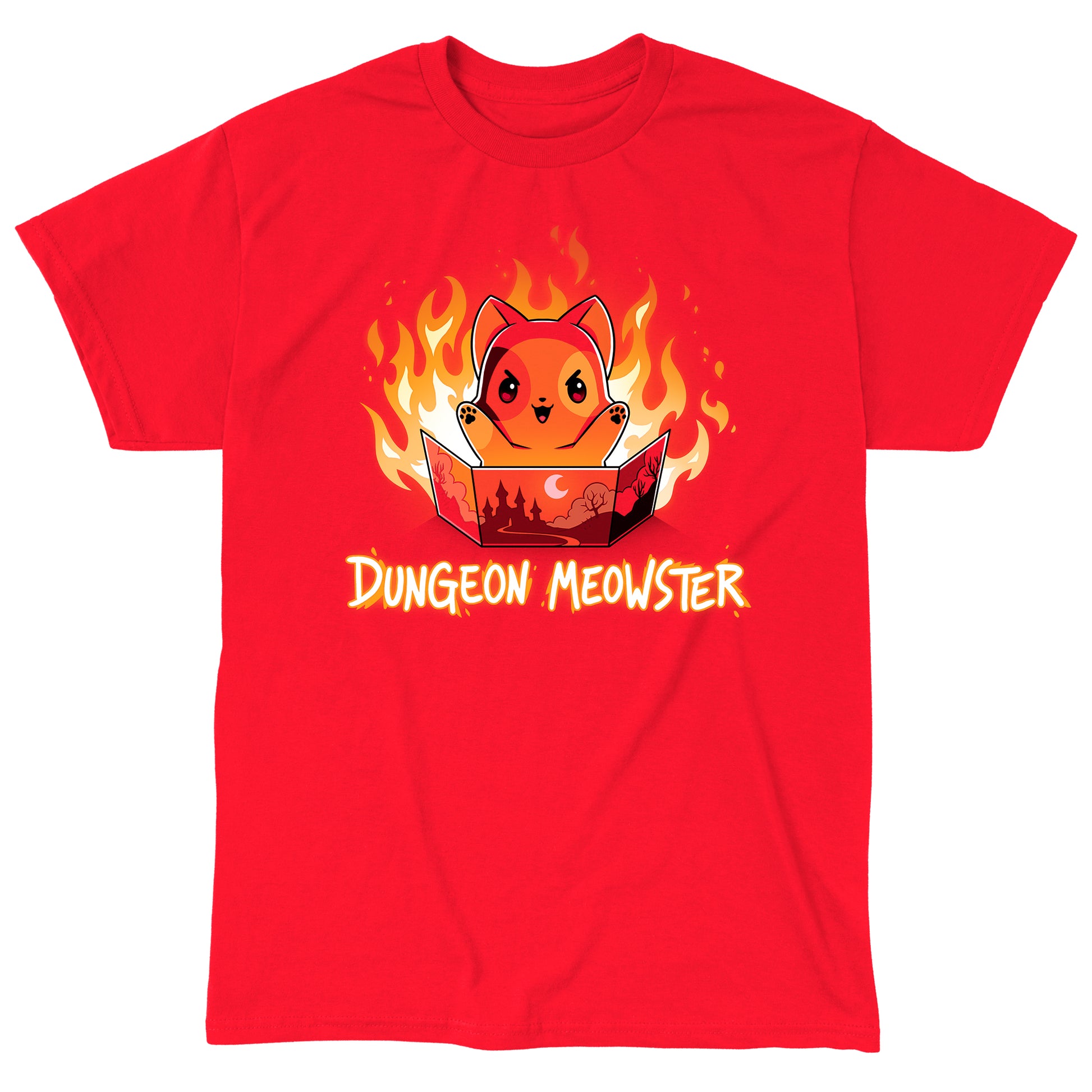 Classic Cotton T-shirt_TeeTurtle Dungeon Meowster red t-shirt featuring a cartoon red cat surrounded by flames with an evil look on its face  holding a book that has a castle, moon and trees on the cover with Dungeon Meowster written underneath. 