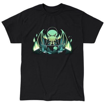 Classic Cotton T-shirt_TeeTurtle Dungeon Monster black t-shirt featuring a monster with green skin, tentacles, and wings sitting behind a gaming map with mountains and a moon, surrounded by glowing green flames.