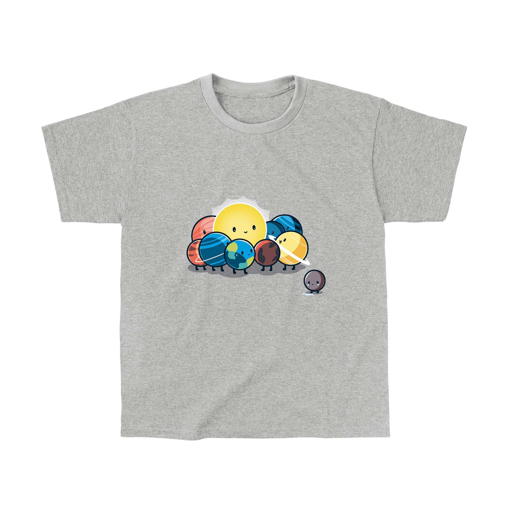 Classic Cotton T-shirt_TeeTurtle Dwarf Planet heather gray t-shirt featuring the planets of our solar system in space  huddled around the sun while Pluto is far away crying. 