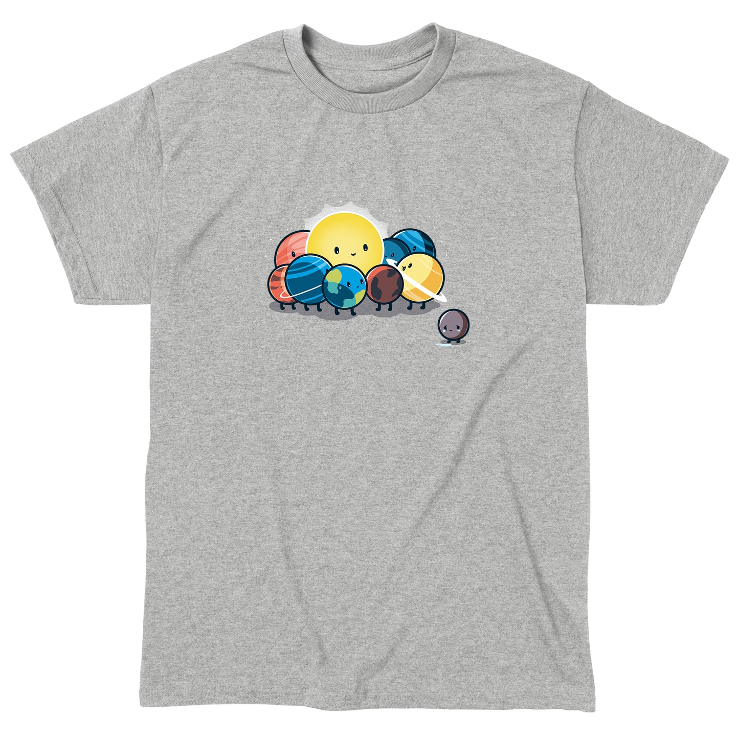 Classic Cotton T-shirt_TeeTurtle Dwarf Planet heather gray t-shirt featuring the planets of our solar system in space  huddled around the sun while Pluto is far away crying. 