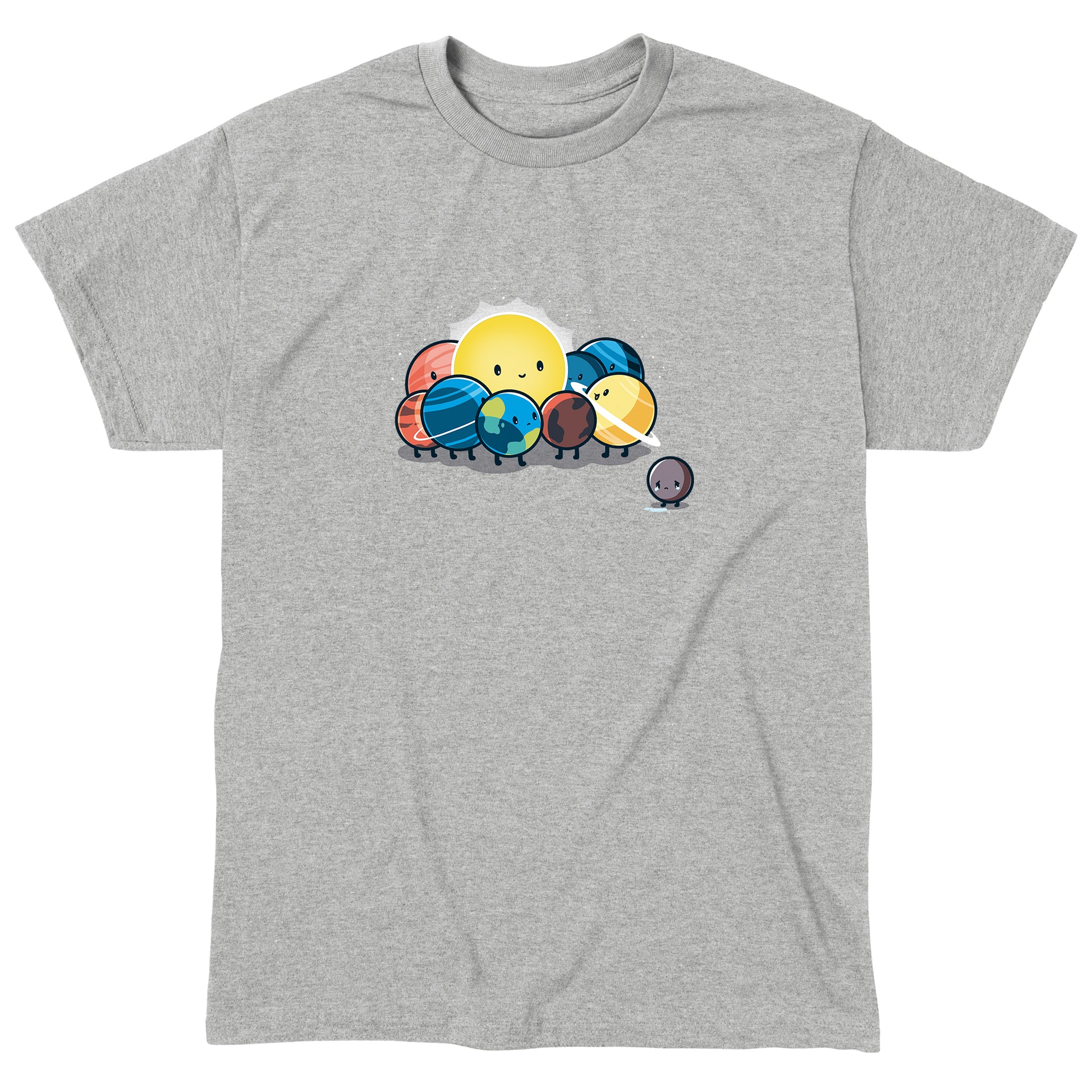 Classic Cotton T-shirt_TeeTurtle Dwarf Planet heather gray t-shirt featuring the planets of our solar system in space  huddled around the sun while Pluto is far away crying. 