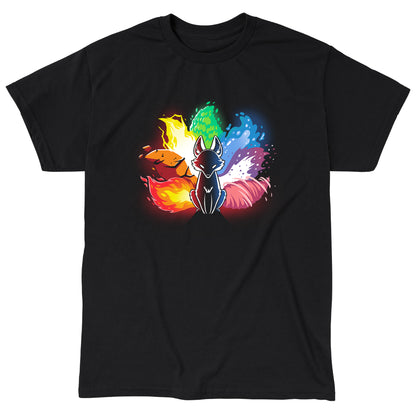 Classic Cotton T-shirt_Stylized image of an Elemental Kitsune with elements of fire, water, earth, and air surrounding it. The fox is in a sitting position with a black body and glowing eyes. This design graces our monsterdigital Elemental Kitsune, offering both comfort and style.