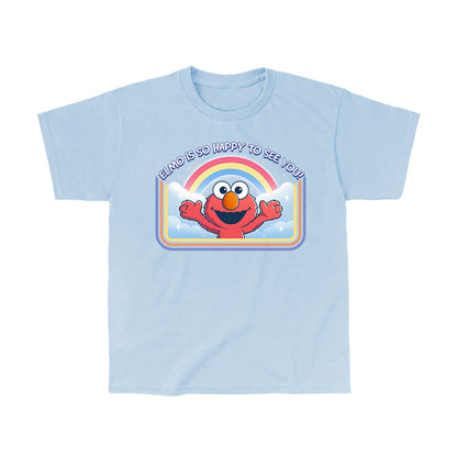 Classic Cotton T-shirt_TeeTurtle light blue Elmo Is So Happy To See You Classic Cotton T-shirt featuring Elmo from Sesame Street. He's smiling and has his arms wide as if he's going in for a hug. There's a rainbow and clouds behind him and  there is a retro style border along the sides and bottom. At the top is the text "Elmo Is So Happy To See You." 