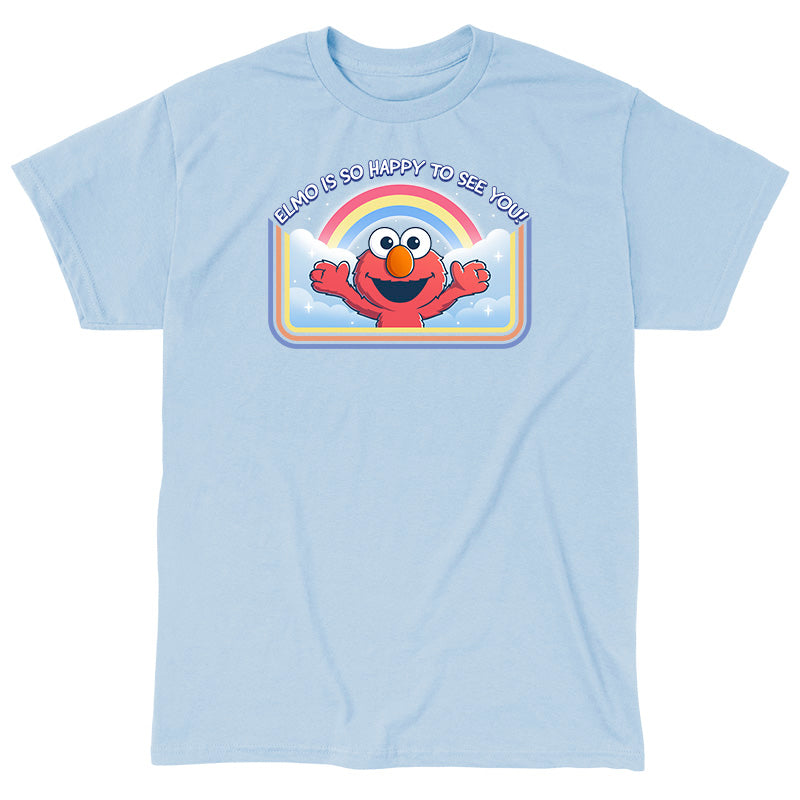 Classic Cotton T-shirt_TeeTurtle light blue Elmo Is So Happy To See You Classic Cotton T-shirt featuring Elmo from Sesame Street. He's smiling and has his arms wide as if he's going in for a hug. There's a rainbow and clouds behind him and  there is a retro style border along the sides and bottom. At the top is the text "Elmo Is So Happy To See You." 