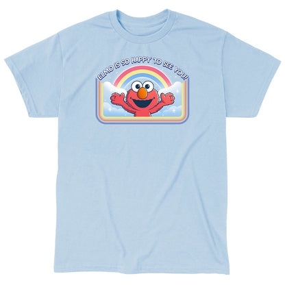 Classic Cotton T-shirt_TeeTurtle light blue Elmo Is So Happy To See You Classic Cotton T-shirt featuring Elmo from Sesame Street. He's smiling and has his arms wide as if he's going in for a hug. There's a rainbow and clouds behind him and  there is a retro style border along the sides and bottom. At the top is the text "Elmo Is So Happy To See You." 