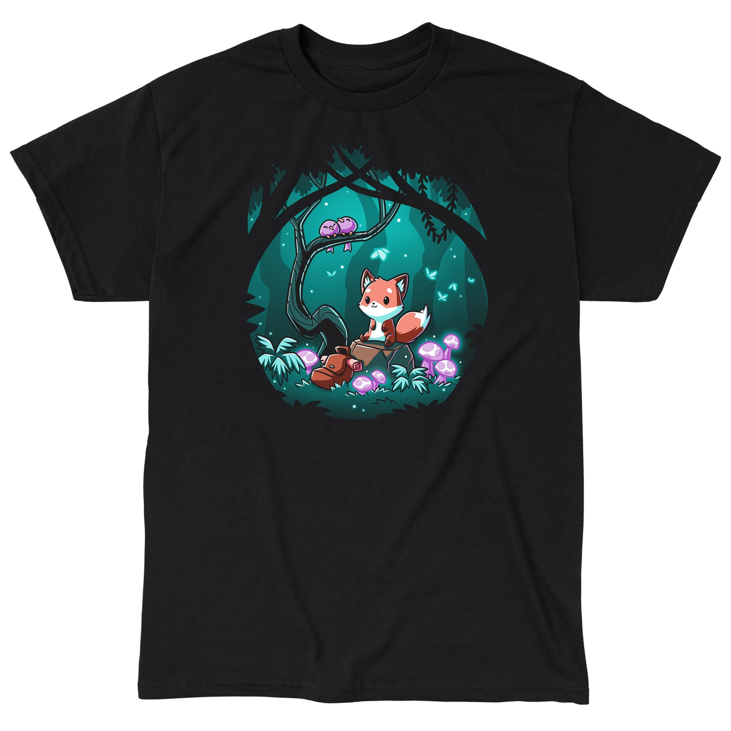 Classic Cotton T-shirt_TeeTurtle Enchanted Forest black t-shirt featuring a cute fox sitting on a log in a magical enchanted forest at night, surrounded by glowing mushrooms and two birds perched on a tree branch.