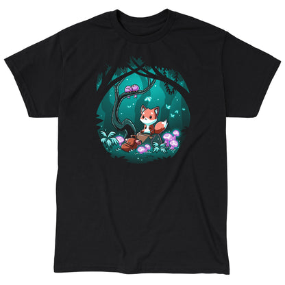 Classic Cotton T-shirt_TeeTurtle Enchanted Forest black t-shirt featuring a cute fox sitting on a log in a magical enchanted forest at night, surrounded by glowing mushrooms and two birds perched on a tree branch.