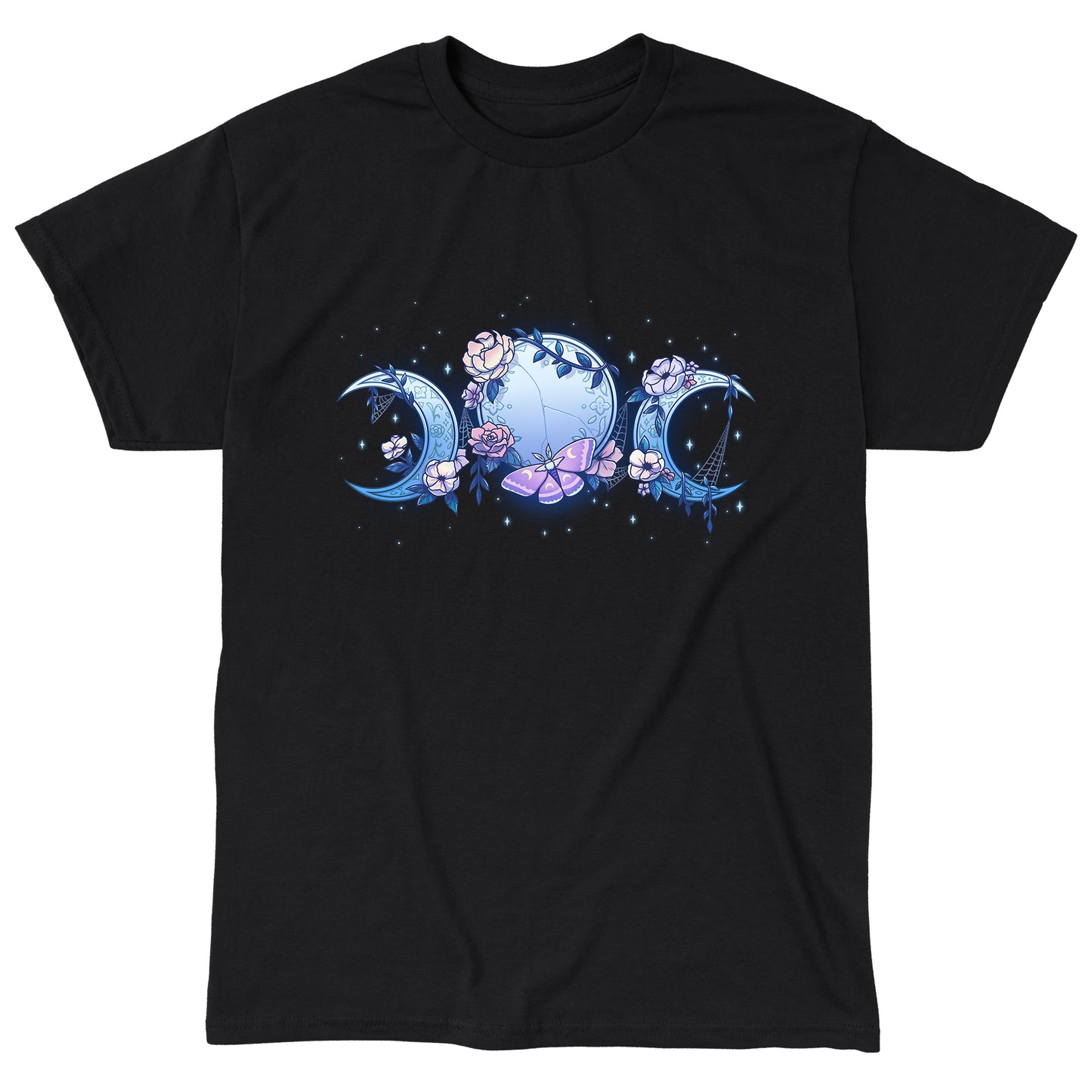 Classic Cotton T-shirt_TeeTurtle black Enchanted Moons featuring a full moon surrounded by crescent moons on each side with flowers, cobwebs, and a moth.