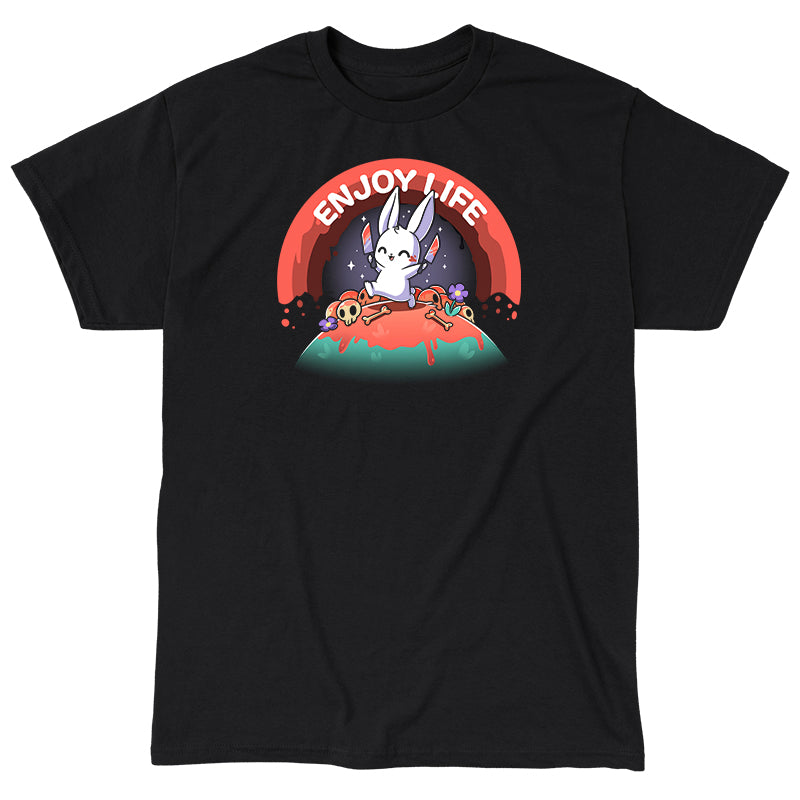Classic Cotton T-shirt_TeeTurtle black Enjoy Life apparel featuring a bunny holding bloody knives in both paws, and skipping on a grassy hill littered with blood, bones, and purple flowers with a bloody rainbow in the background, and the caption, “Enjoy Life“.