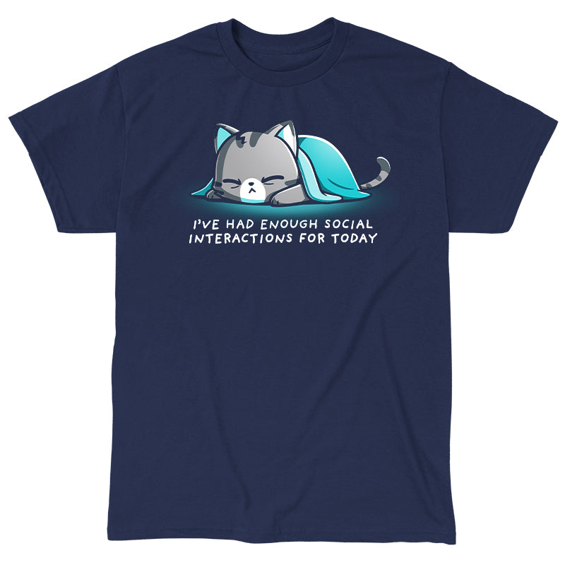 Classic Cotton T-shirt_TeeTurtle Enough Social Interactions Navy Blue t-shirt featuring a cat under a blue blanket.