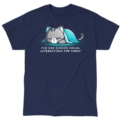 Classic Cotton T-shirt_TeeTurtle Enough Social Interactions Navy Blue t-shirt featuring a cat under a blue blanket.