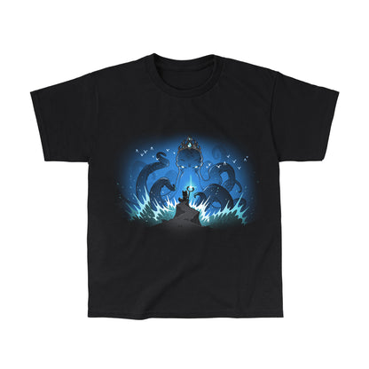 Classic Cotton T-shirt_TeeTurtle black Face the Kraken apparel featuring a small fox standing on a cliff holding a shining staff facing off against a giant crowned kraken emerging from the sea and sea gulls flying around the kraken’s head.