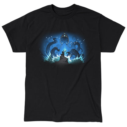 Classic Cotton T-shirt_TeeTurtle black Face the Kraken apparel featuring a small fox standing on a cliff holding a shining staff facing off against a giant crowned kraken emerging from the sea and sea gulls flying around the kraken’s head.