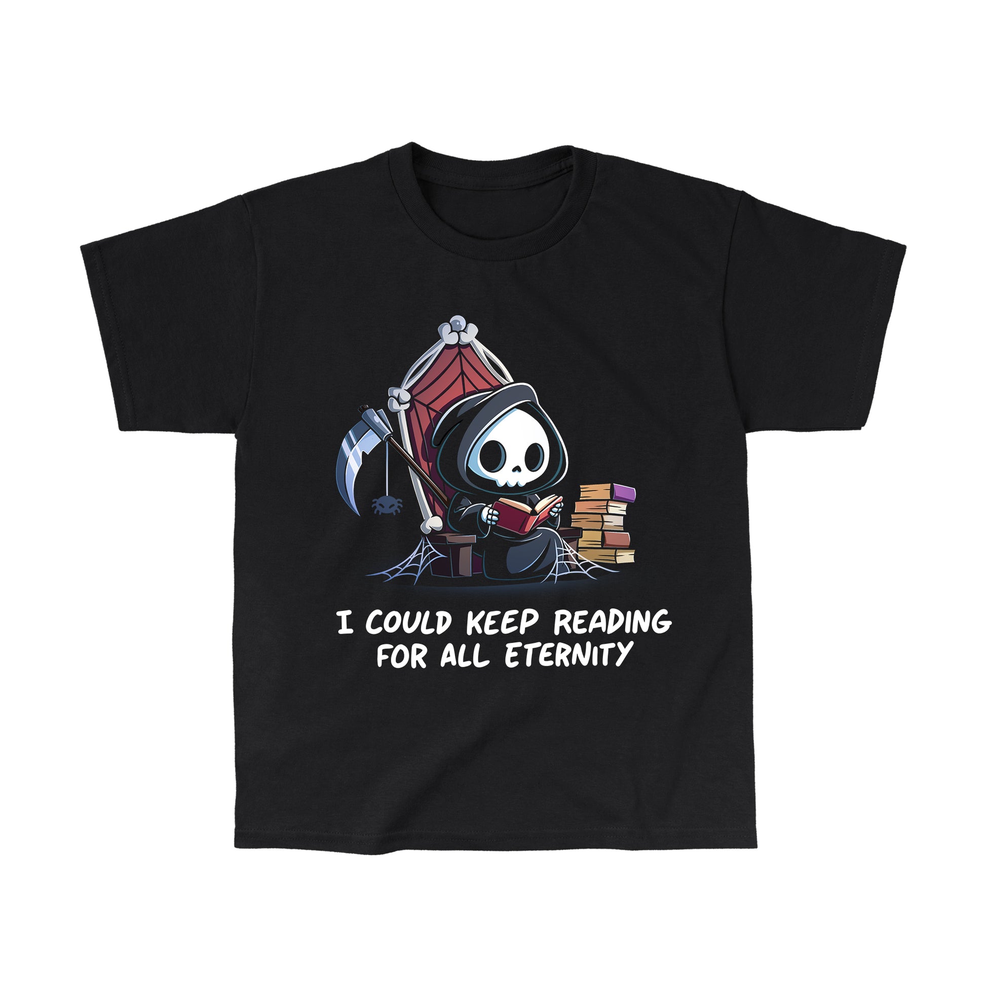 Classic Cotton T-shirt_TeeTurtle black Eternal Reader featuring the Grim Reaper on a cobwebbed throne reading a book with text, “I could keep reading for all eternity“.