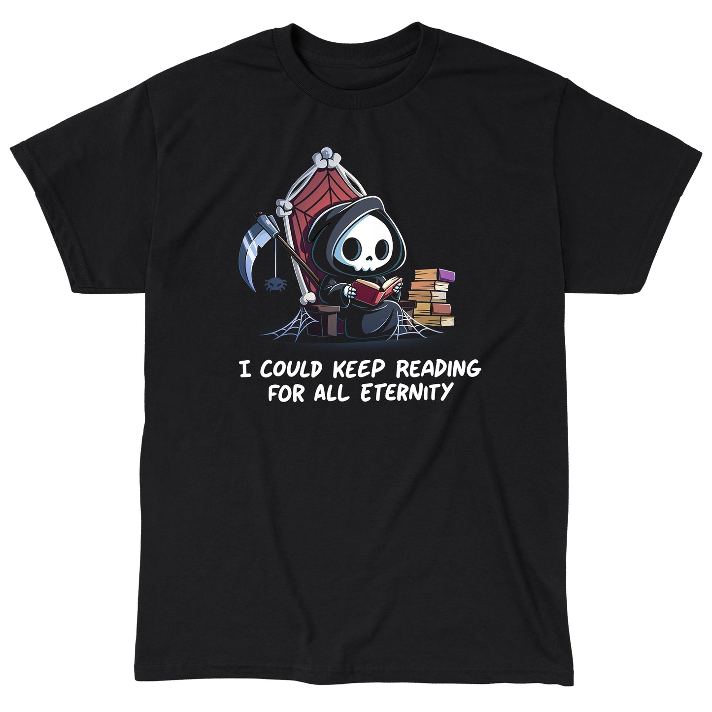 Classic Cotton T-shirt_TeeTurtle black Eternal Reader featuring the Grim Reaper on a cobwebbed throne reading a book with text, “I could keep reading for all eternity“.