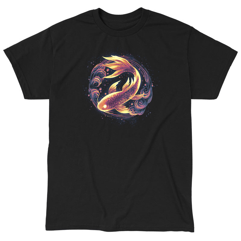 Classic Cotton T-shirt_TeeTurtle black Ethereal Koi apparel featuring a bronze koi with gold highlights framed by a circle with cloud elements.