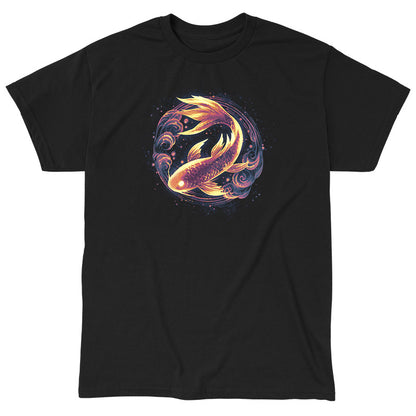 Classic Cotton T-shirt_TeeTurtle black Ethereal Koi apparel featuring a bronze koi with gold highlights framed by a circle with cloud elements.