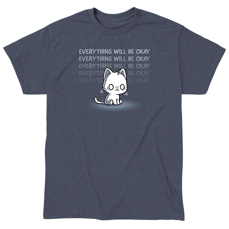 Classic Cotton T-shirt_TeeTurtle heather navy Everything Will Be Okay apparel featuring a white sitting cat with an anxious, shell-shocked expression and the caption, “Everything Will Be Okay“ repeated in the background.