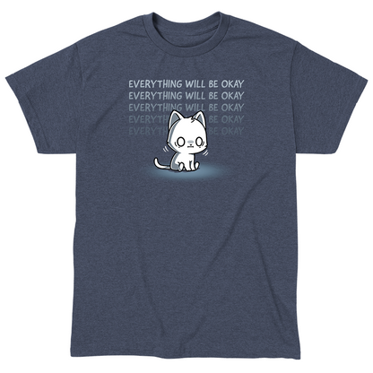 Classic Cotton T-shirt_TeeTurtle heather navy Everything Will Be Okay apparel featuring a white sitting cat with an anxious, shell-shocked expression and the caption, “Everything Will Be Okay“ repeated in the background.