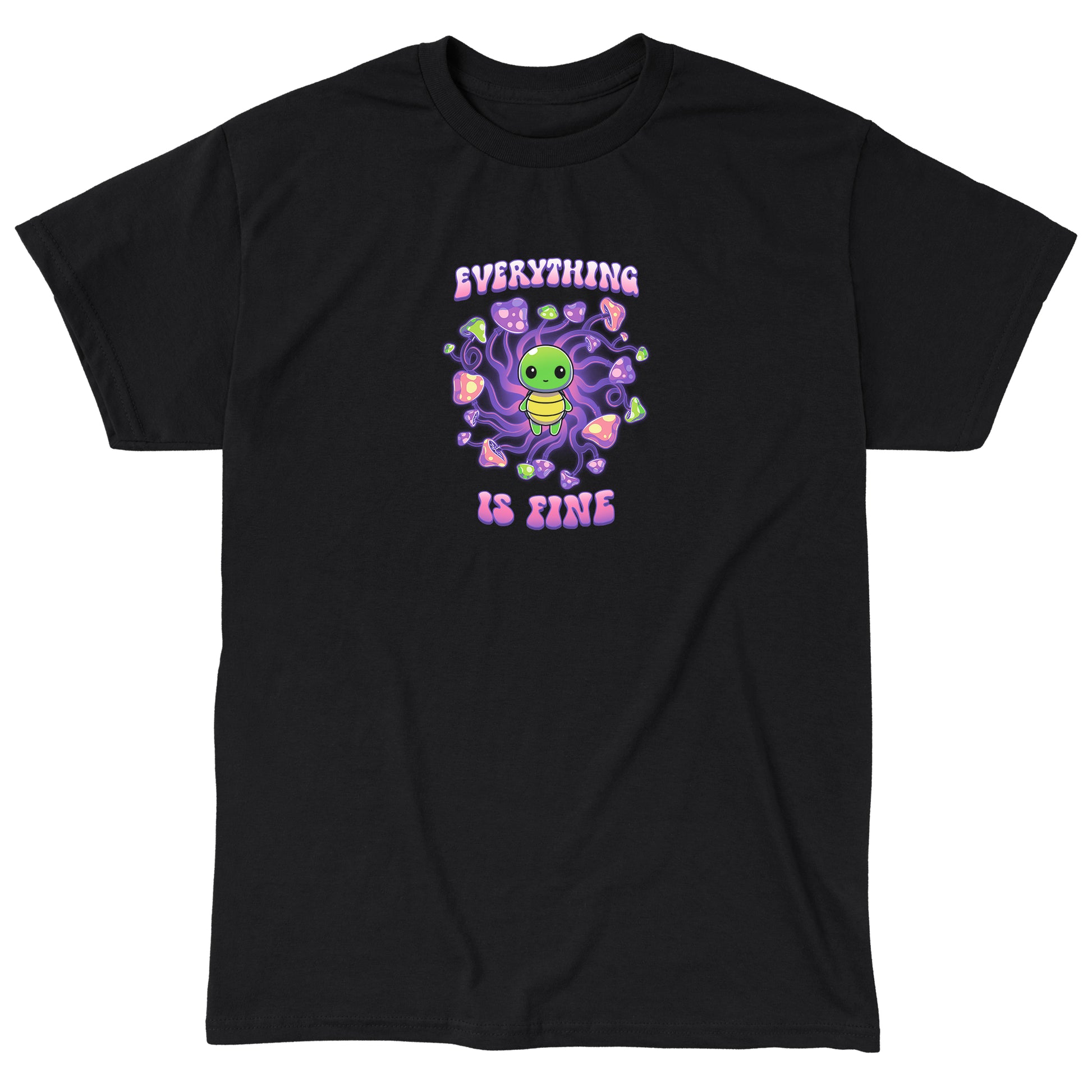  Classic Cotton T-shirt_TeeTurtle Everything is Fine black t-shirt featuring a kawaii green turtle standing in the center of a swirl of psychadelic mushrooms with the text "EVERYTHING IS FINE" which is written above and below the turtle in a purple and pink bubble font. The turtle shows no anxiety. 