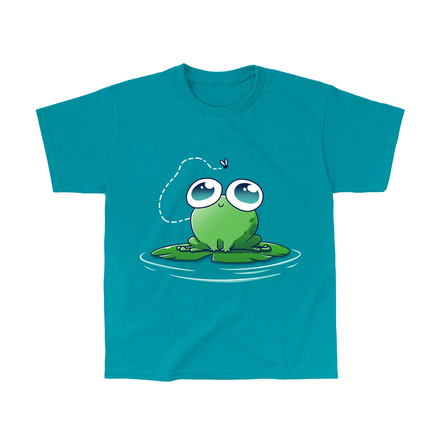 Classic Cotton T-shirt_TeeTurtle Eyes On The Prize Tropical Blue t-shirt featuring a sweet & kawaii frog with big eyes sitting on a lily pad and staring at a fly above them.