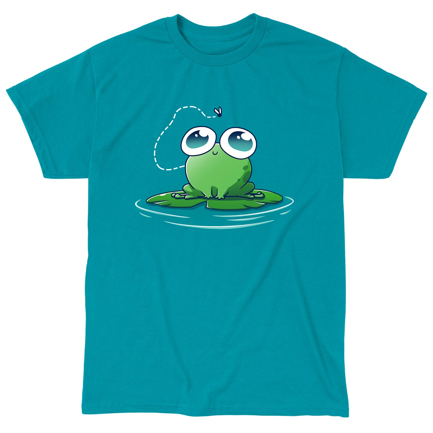 Classic Cotton T-shirt_TeeTurtle Eyes On The Prize Tropical Blue t-shirt featuring a sweet & kawaii frog with big eyes sitting on a lily pad and staring at a fly above them.