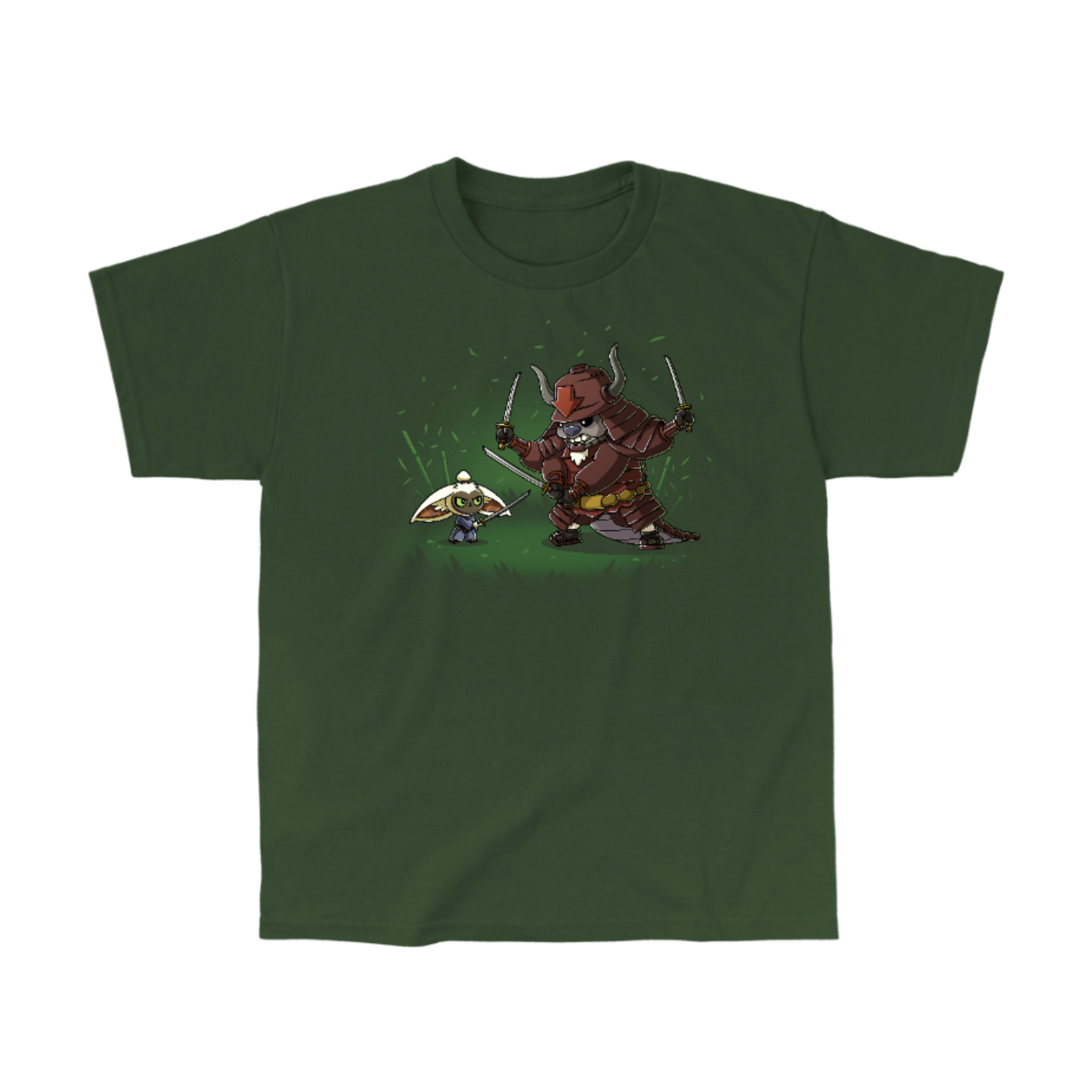 Classic Cotton T-shirt_TeeTurtle forest green Ronin Momo and Samurai Appa Classic Cotton T-shirt featuring Momo and Appa from Avatar: The Last Airbender preparing to spar. Momo has one sword while Appa has three. Their expressions are serious. 