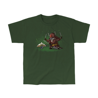 Classic Cotton T-shirt_TeeTurtle forest green Ronin Momo and Samurai Appa Classic Cotton T-shirt featuring Momo and Appa from Avatar: The Last Airbender preparing to spar. Momo has one sword while Appa has three. Their expressions are serious. 