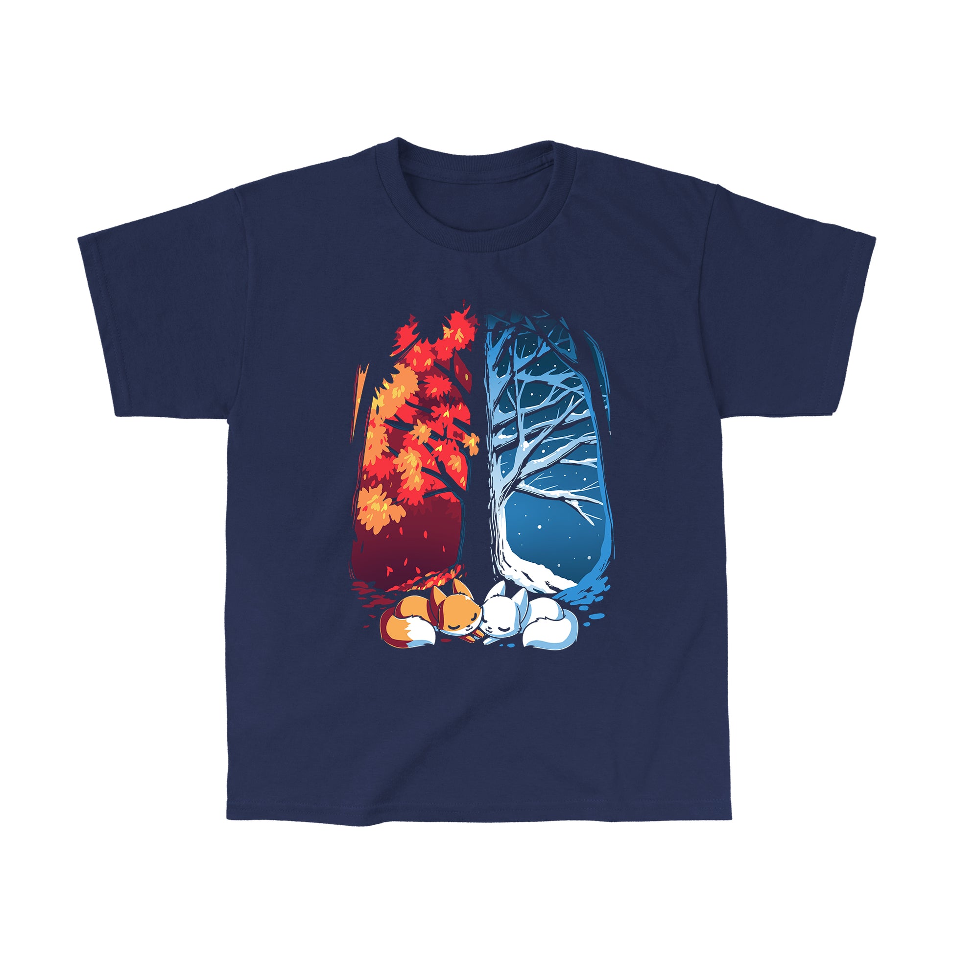 Classic Cotton T-shirt_TeeTurtle navy blue Fall & Winter Foxes apparel featuring an orange fox on the lefthand side, and a white fox on the righthand side with their cheeks touching in the middle, and a fall forest background on the left, and a winter forest background on the right.