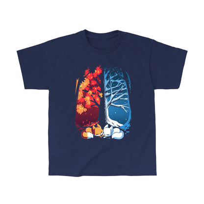 Classic Cotton T-shirt_TeeTurtle navy blue Fall & Winter Foxes apparel featuring an orange fox on the lefthand side, and a white fox on the righthand side with their cheeks touching in the middle, and a fall forest background on the left, and a winter forest background on the right.