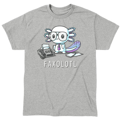 Classic Cotton T-shirt_TeeTurtle Faxolotl heather gray t-shirt featuring an office worker axolotl wearing glasses standing next to a fax machine with a pun underneath.