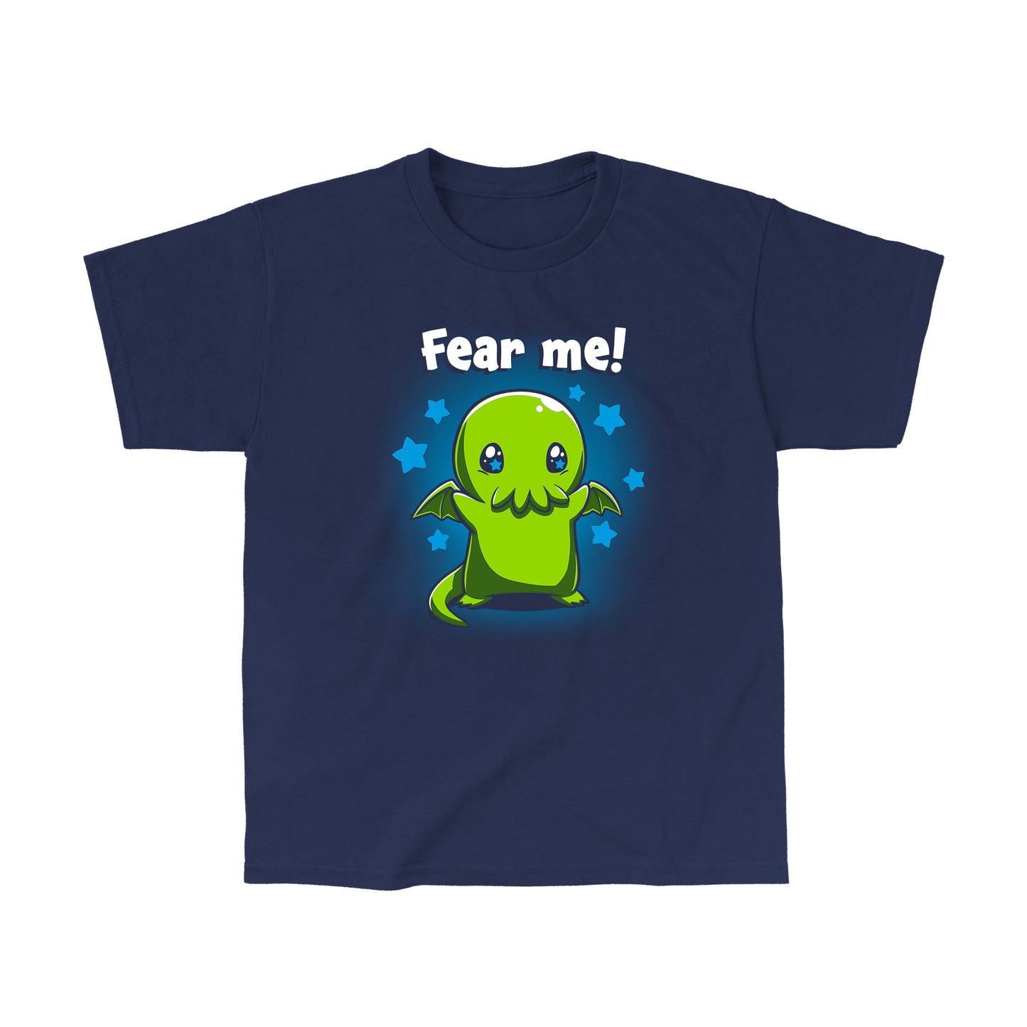 Classic Cotton T-shirt_Teeturtle Fear Me! Navy Blue t-shirt featuring a cute Cthulhu with starry eyes surrounded by stars with the words 'Fear me!' written above its head in this magical creature design. 