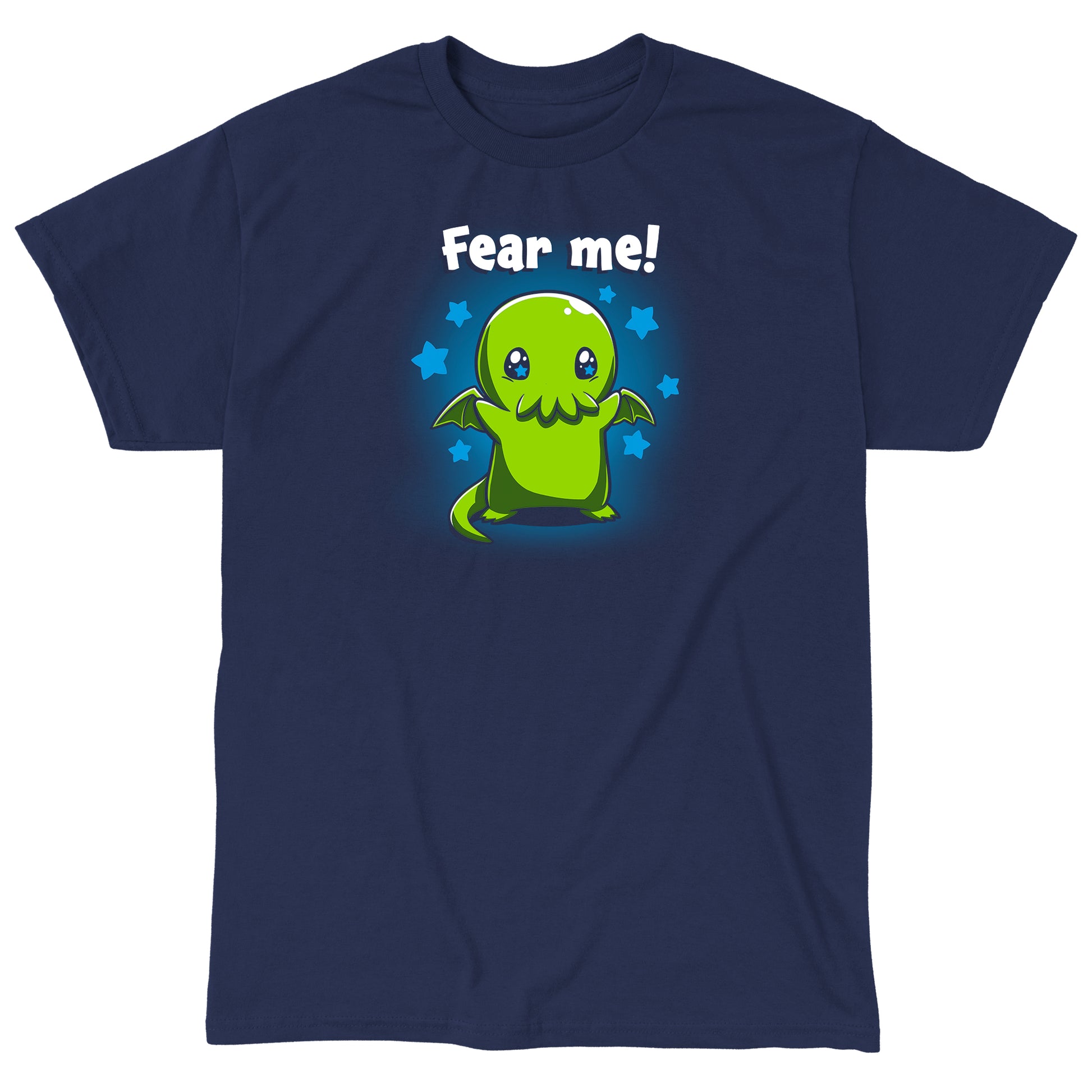 Classic Cotton T-shirt_Teeturtle Fear Me! Navy Blue t-shirt featuring a cute Cthulhu with starry eyes surrounded by stars with the words 'Fear me!' written above its head in this magical creature design. 