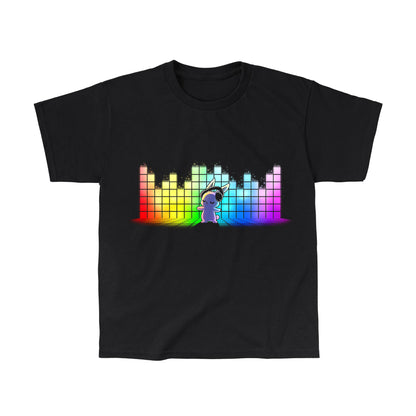 Classic Cotton T-shirt_TeeTurtle black Feel the Music featuring a bunny with a headset dancing with a rainbow equalizer bar in the background.