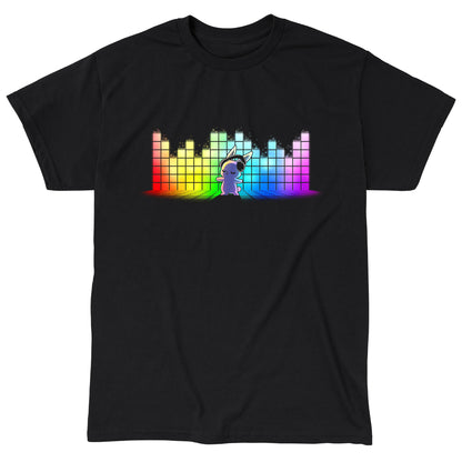 Classic Cotton T-shirt_TeeTurtle black Feel the Music featuring a bunny with a headset dancing with a rainbow equalizer bar in the background.