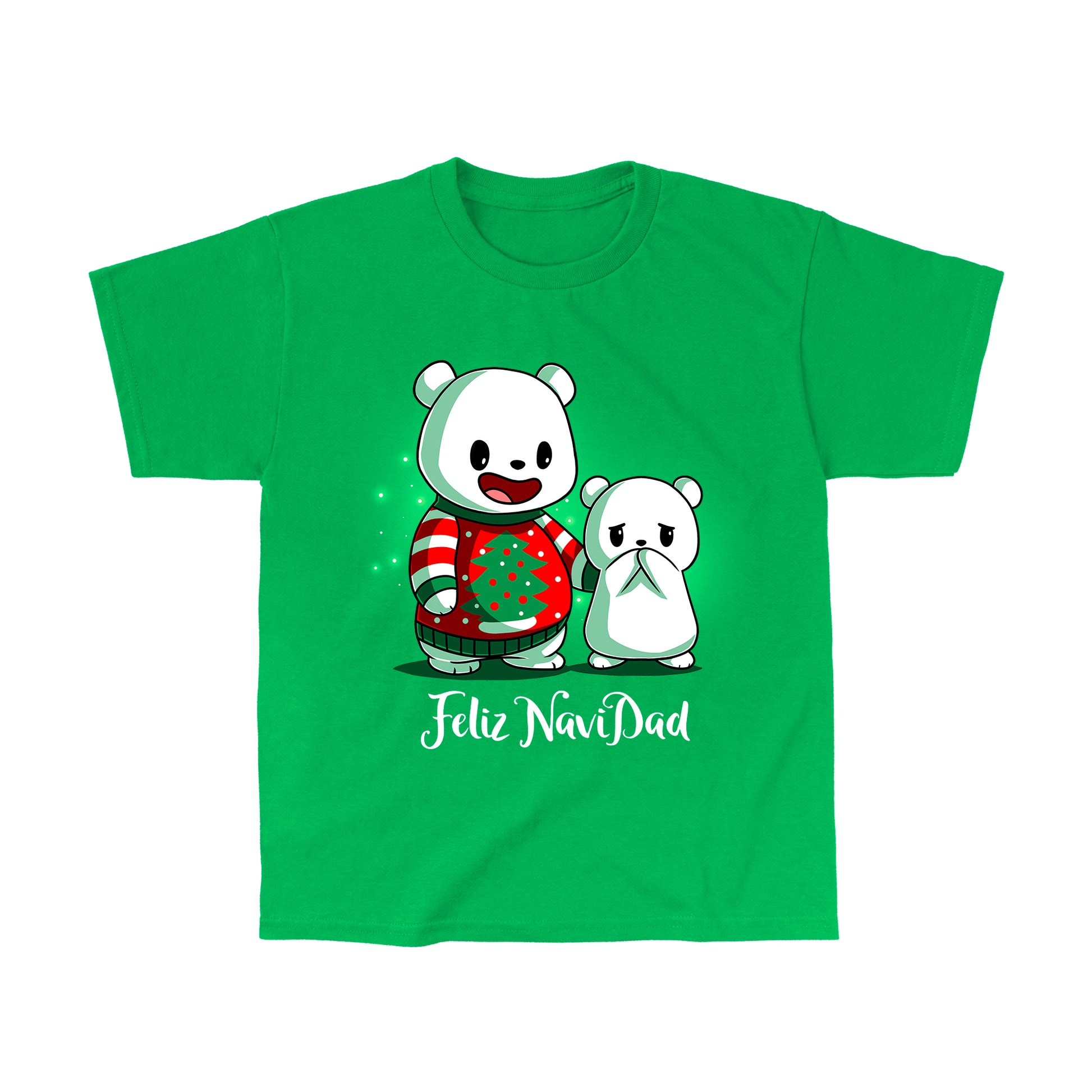 Classic Cotton T-shirt_TeeTurtle Feliz NaviDAD irish green t-shirt featuring two polar bears standing together with a holiday pun underneath, one a dad in a Christmas sweater and the other an embarrassed cub.