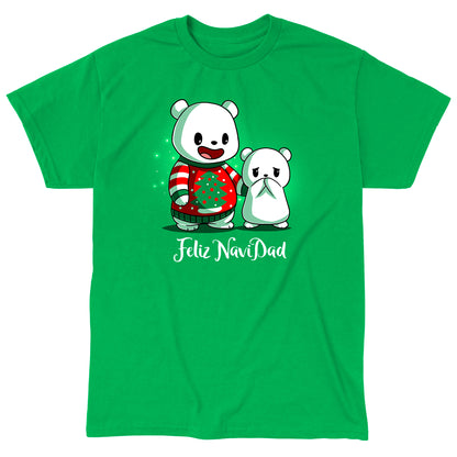 Classic Cotton T-shirt_TeeTurtle Feliz NaviDAD irish green t-shirt featuring two polar bears standing together with a holiday pun underneath, one a dad in a Christmas sweater and the other an embarrassed cub.